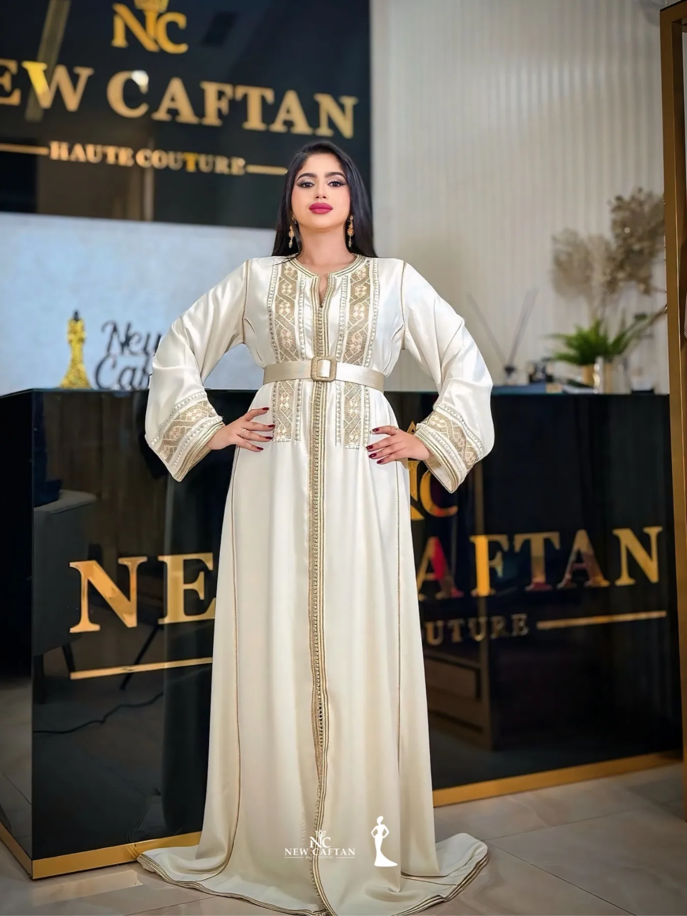 Caftan Beige Champagne Broderie Dorée Signature